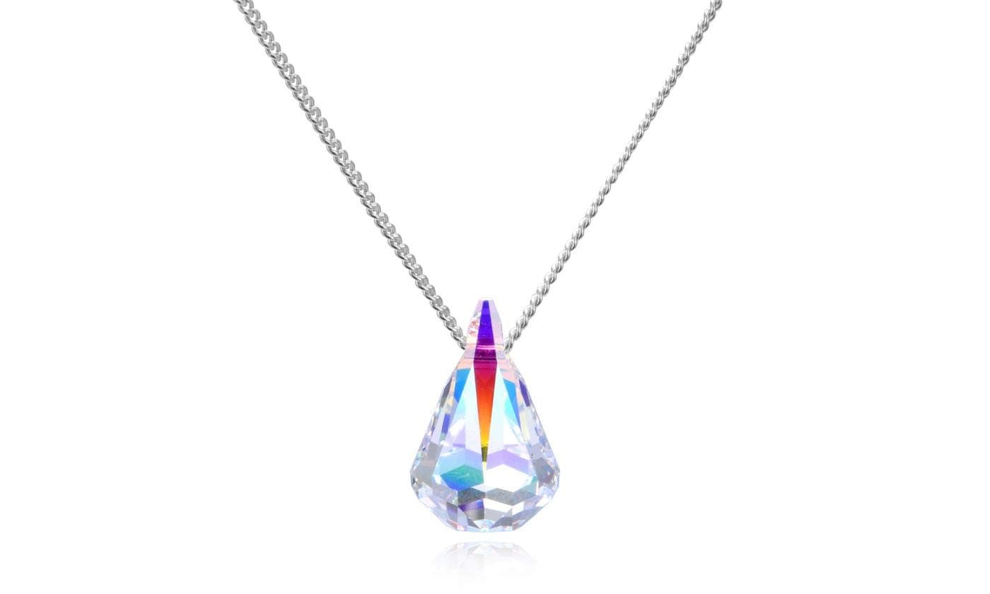 Savlano 14K White Gold Plated Aurora Borealis Drop Cut 18 Inches Pendant Chain Necklace For Women, Crystal, aurora borealis