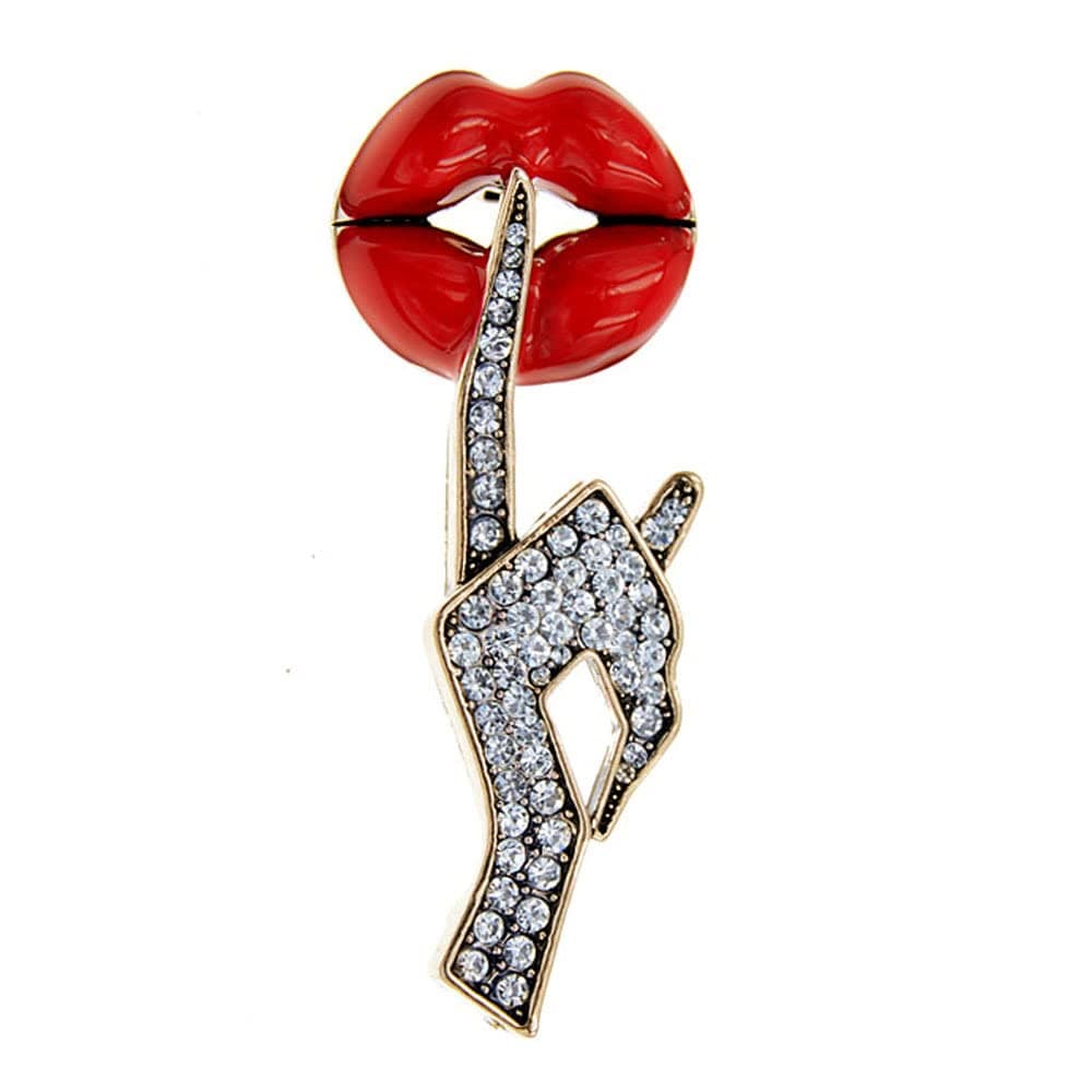 Sexy Red Lips Brooch Rhinestone Quiet Gestures Statement Brooches Lapel Pins Elegant Dress Accessories Suit Tie Art Deco Fashion Imitation Cubic Zirconia Jewelry Lover Gift for Women Girls