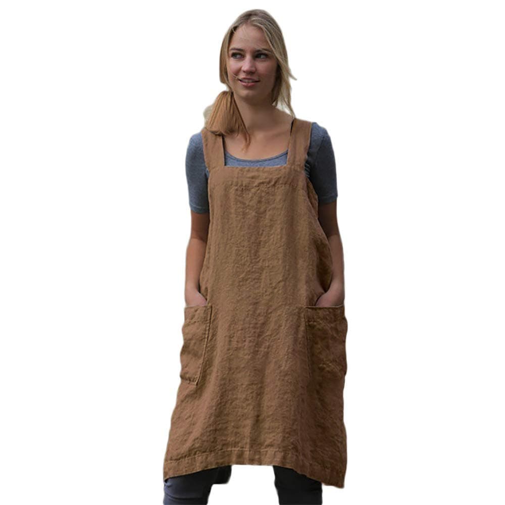 Women's Pinafore Square Apron Baking Cooking Gardening Works Cross Back Cotton/Linen Blend Dress with 2 Pockets