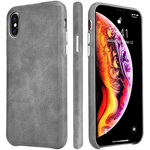TOOVREN iPhone Xs Max Leather Case iPhone Xs Max Genuine Leather Cover Case Protective Ultra Thin Vintage Anti-Slip Grip Shell Hard Back Cover for Apple iPhone Xs Max 6.5 Inch (2018) Grey