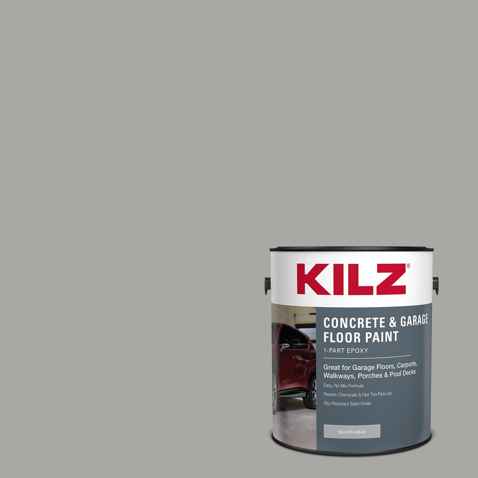 KILZ 1-Part Epoxy Acrylic Concrete & Garage Floor Paint, Silver Gray, Satin, Interior/Exterior Concrete Paint for Basement Floors, Porches, Driveways & Pool Decks, 1 Gallon