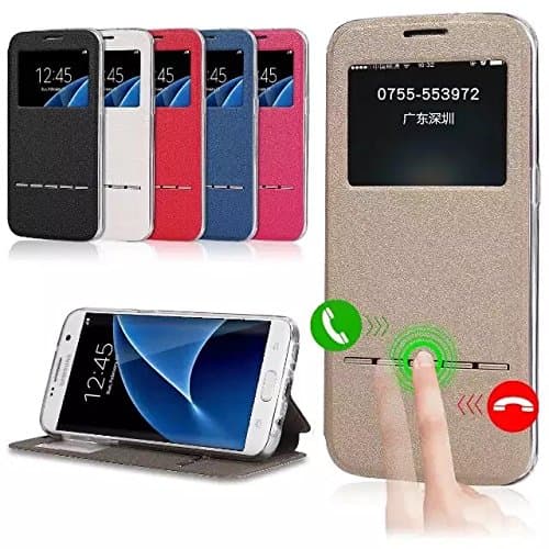 New & Elegant Smart Metal Sliding Answer Phone Cover Big Window Filp Case, Flip Folio [Kickstand Feature] PU Leather Smart Case For Apple Iphone 5/5s/SE (Black)