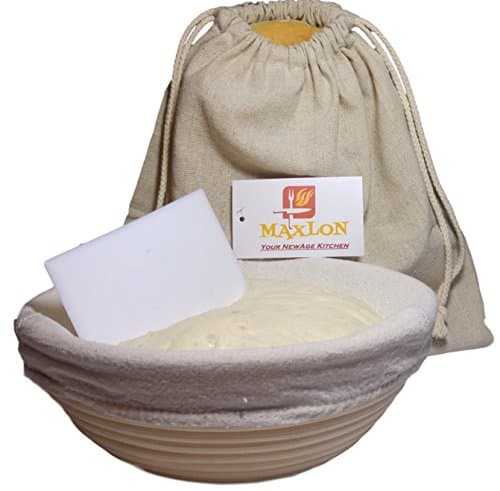 Banneton Brotform Basket Bread Dough Proofing Basket 4 pcs professional Bundle 8,5 Inch Round Handmade Rattan basket + Cloth Liner + Linen Bread Bag + Bowl Scraper, + BONUS PDF INSTRUCTIONS by MAXLON