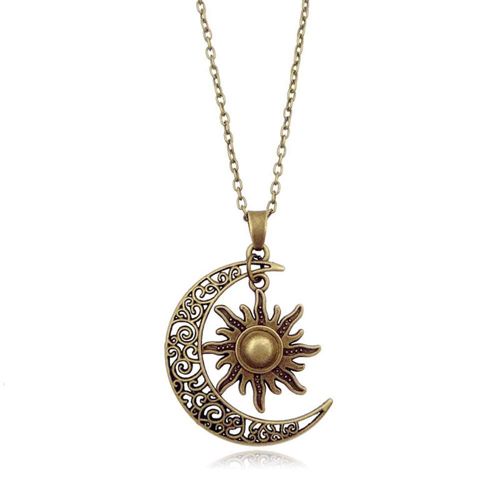 Vintage Bronze Crescent Moon and Sun Pendant Necklace Retro Swirl Filigree Unisex Jewelry Gifts