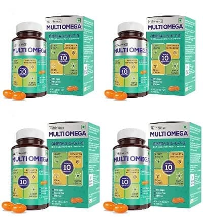 JUBILANT Nutrihance Multiomega 100% Vegan Omega Softgel| Support Heart Nerve & Renal Health | Strengthens Immunity & Antioxidant Effect (60 Veg Softgels) X Packs Of 4, 4 count, 30 capsules