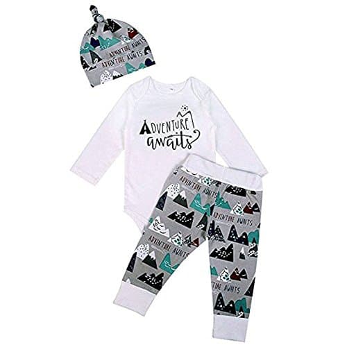 Smarki Newborn Infant Baby Boys 3 Pcs Mountain Print Long Sleeve Pant Set Romper + Pants + Hat (100/18-24 Months)