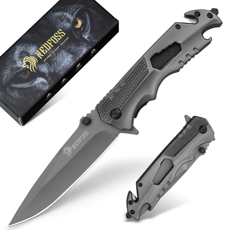 FA48 Pocket Knife for Men with Bottle Opener, Glass Breaker, Seatbelt Cutter and Wrench, 5-in-1 Multitool Folding/Survival Knife for Emergency Rescue Situations, Home Improvements