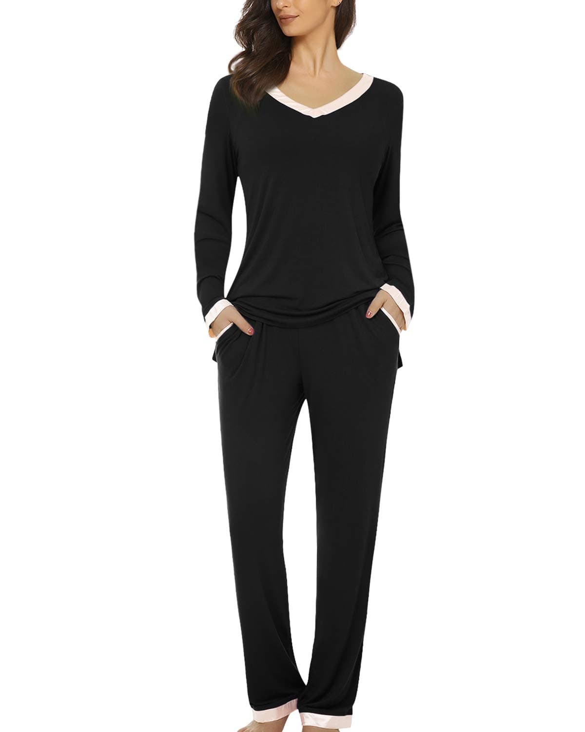 Women’s Long Sleeve Sleepwear with Long Pants Soft Loungewear Pj Set Black X-Large