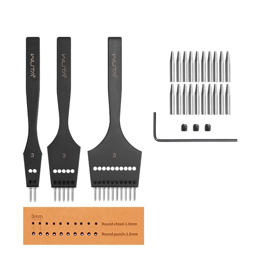 WUTA Removable Circle Leather Hole Punch Lacing Stitching Professional Working Hand Tool Kit Round Hole Puncher Craft Chisel Cutting Punches Kits 3mm-(2+5+10)