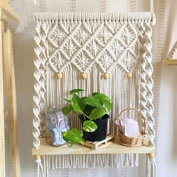 ACN Kohinoor | Handmade Macrame Wall Hanging Shelf | Flower Pot Wooden Shelf Hanging for Home Decoration |Boho Wall Hanging D?cor for Living Room Size 14W x 5D x 28H Inches, 1-Pcs(Style-27)