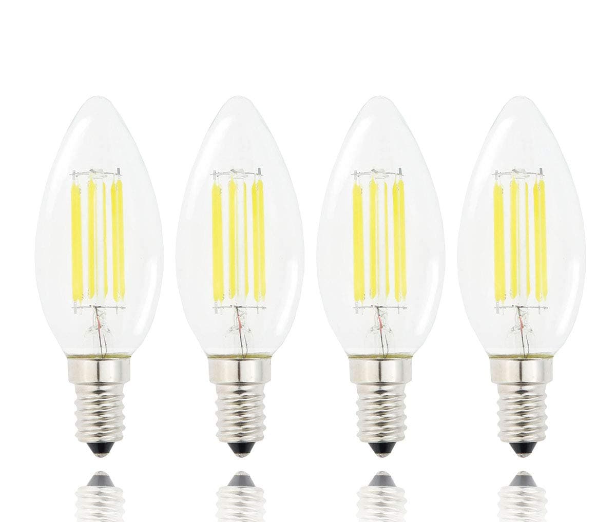 E14 LED Filament Candle Shape Light Bulb,E14 European Base Bulb,Daylight 6000K 600LM 60W Equivalent,C35 Clear Glass Torpedo Shape Bullet Top,No-Dimmable (4-Pack)
