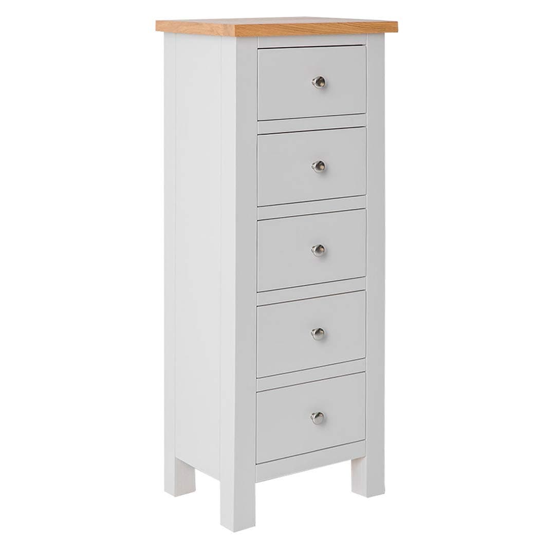 RoselandFurniture Farro Grey Tallboy Chest of Drawers for Bedroom Slim 5 Drawer Cabinet Fully Assembled Contemporary Tall Painted Solid Wood Narrow Storage Chest with Oak Top | 115 x 45cm