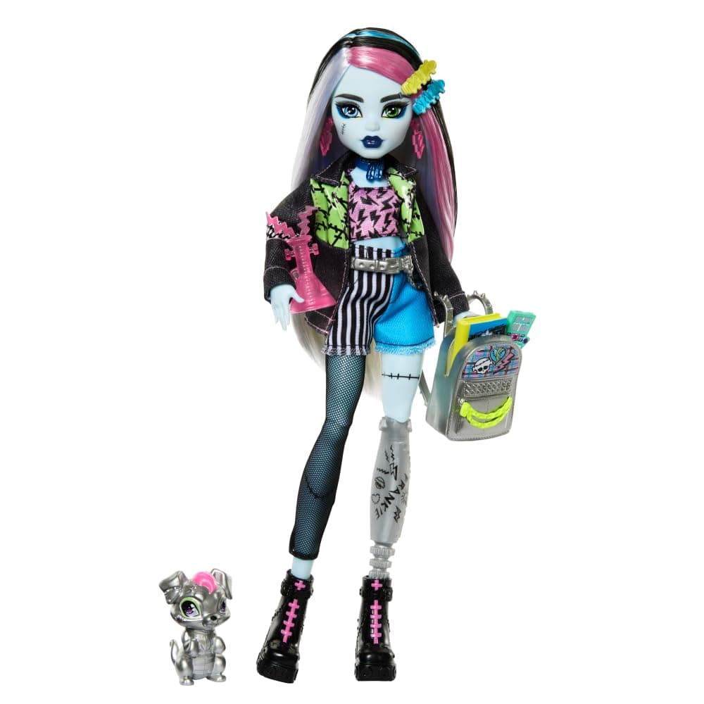 Monster High Frankie Stein Doll in Denim Jacket and Shorts, Includes Pet Dog Watzie and Accessories Like a Backpack, Snack and Notebook