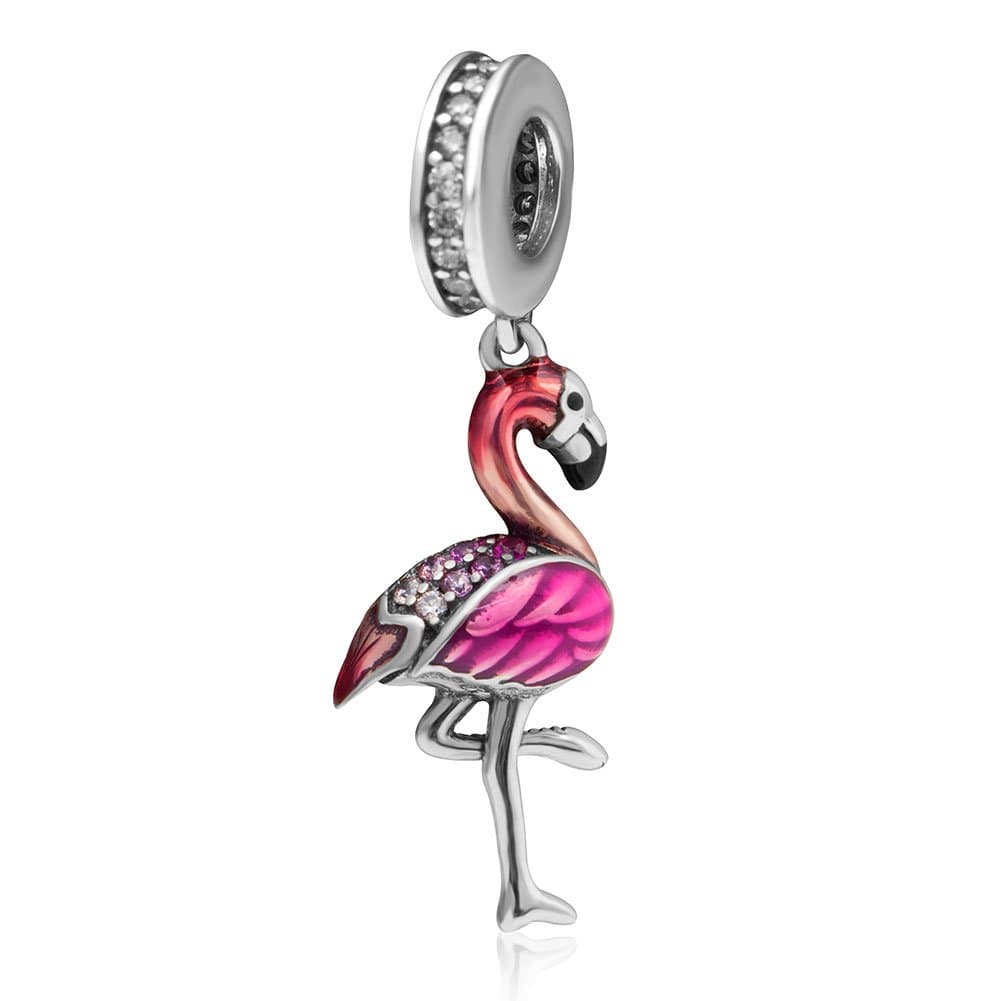 FantasticharmFlamingo Pendant Charms with Red Enamel 925 Sterling Silver Pink CZ Dangle Bead Fits Snake Chain European Bracelet
