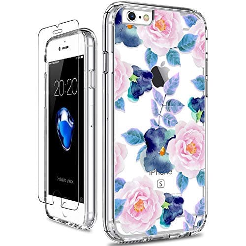 GiiKaiPhone 6 6s Case with Screen Protector, Clear Heavy Duty Protective Case Floral Girls Women Shockproof Hard PC Back Case with Slim TPU Bumper Cover Phone Case for iPhone 6s, Pink Blue Flowers