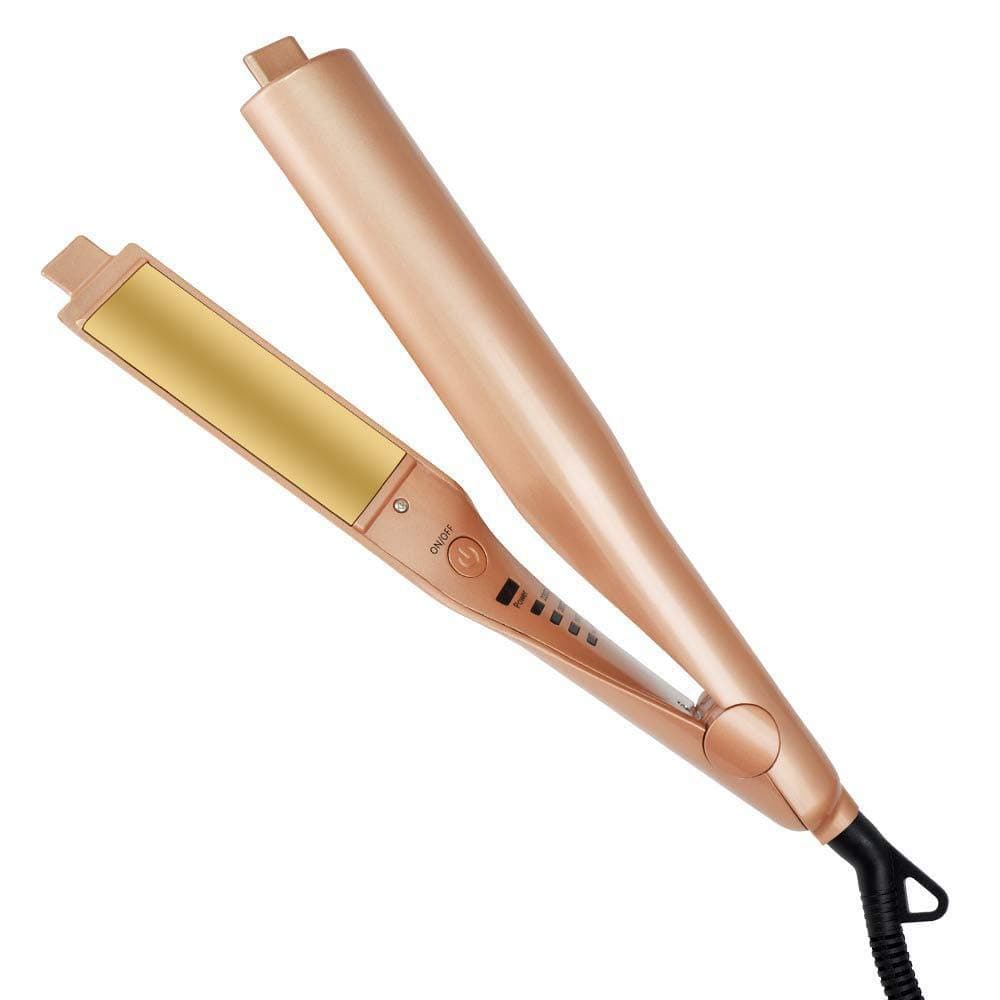 Hair Straightener and Curler In One,Automatic Release Negative Ions,Flat Iron Hair Straightener and Hair Curler Tool,2 in 1 Straightening Curling Iron,3D Concave and Convex Titanium Plate Gold