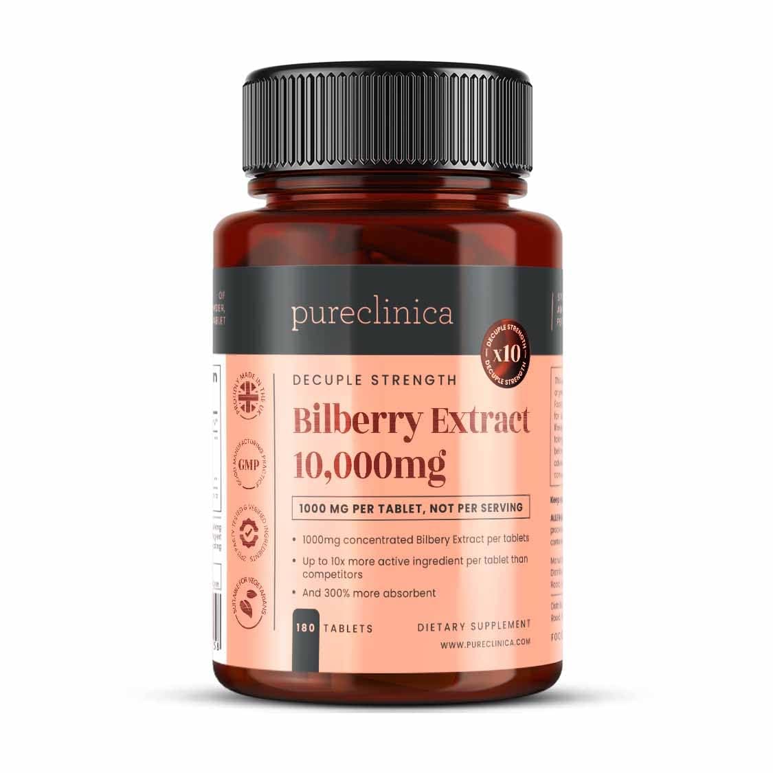 Bilberry Extract 10,000mg x 180 Tablets (6 Months Supply)- 10X More anthocyanidin Plus 5mg Black Pepper per Tablet