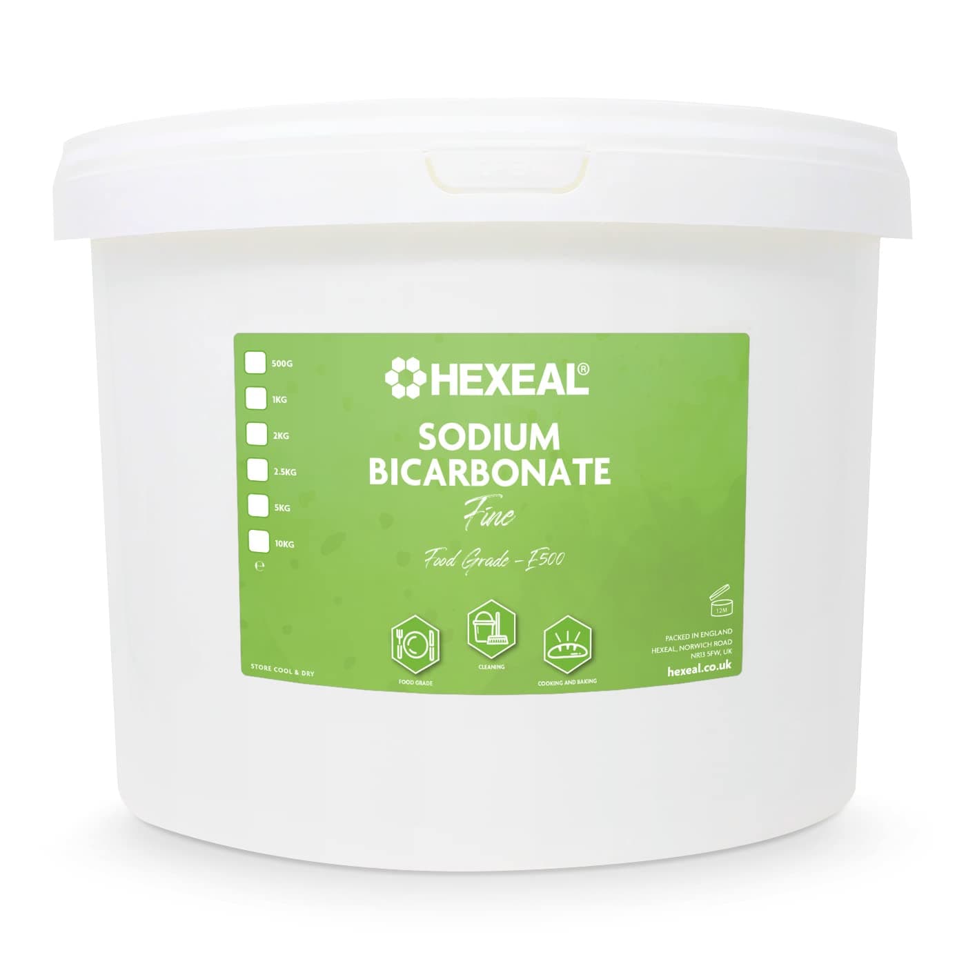 Hexeal Sodium Bicarbonate 10kg – 10kg Bucket of Food Grade Baking Soda for Cooking, Baking, Home Cleaning & Bath Bombs – Fine Powder, Deodorises & Removes Grime – FCC E500