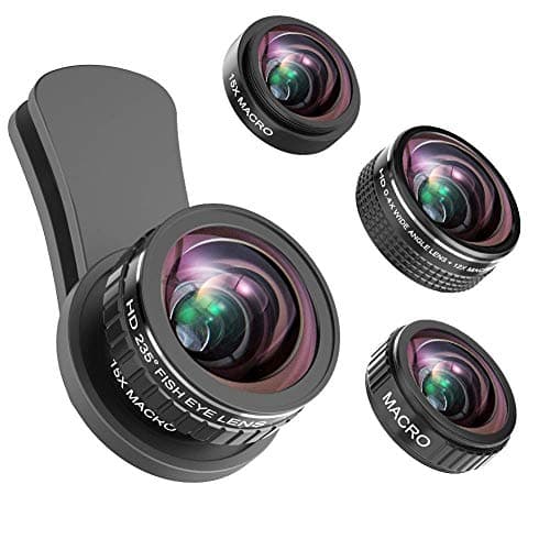 for iPhone Camera Lens Kit, 235° Fisheye Lens + 15x Macro Lens, 0.4X Wide Angle Lens + 12x Macro Lens, Clip-On Lens Kit for iPhone x, 8 7 6 6s Plus, Samsung Smartphones