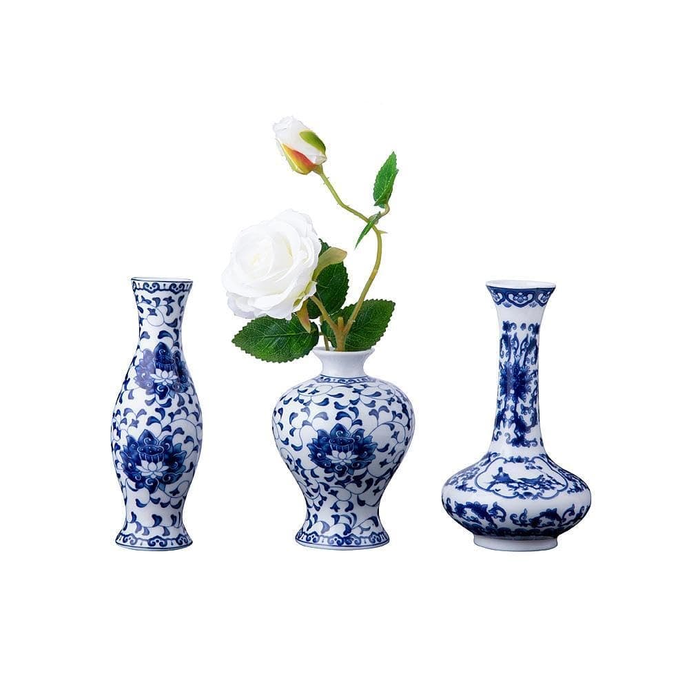 LoveCat Set of 3 Small Blue & White Porcelain Vases, Fambe Glaze Porcelain Vases Set of 3, Classic Ceramic Flower Vases for Home Décor