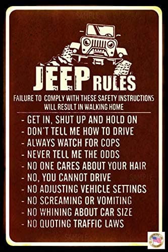 Jeep Rules Sign! Made in USA! 8"x12" All Weather Metal Funny Jeep Decor Garage Mechanic