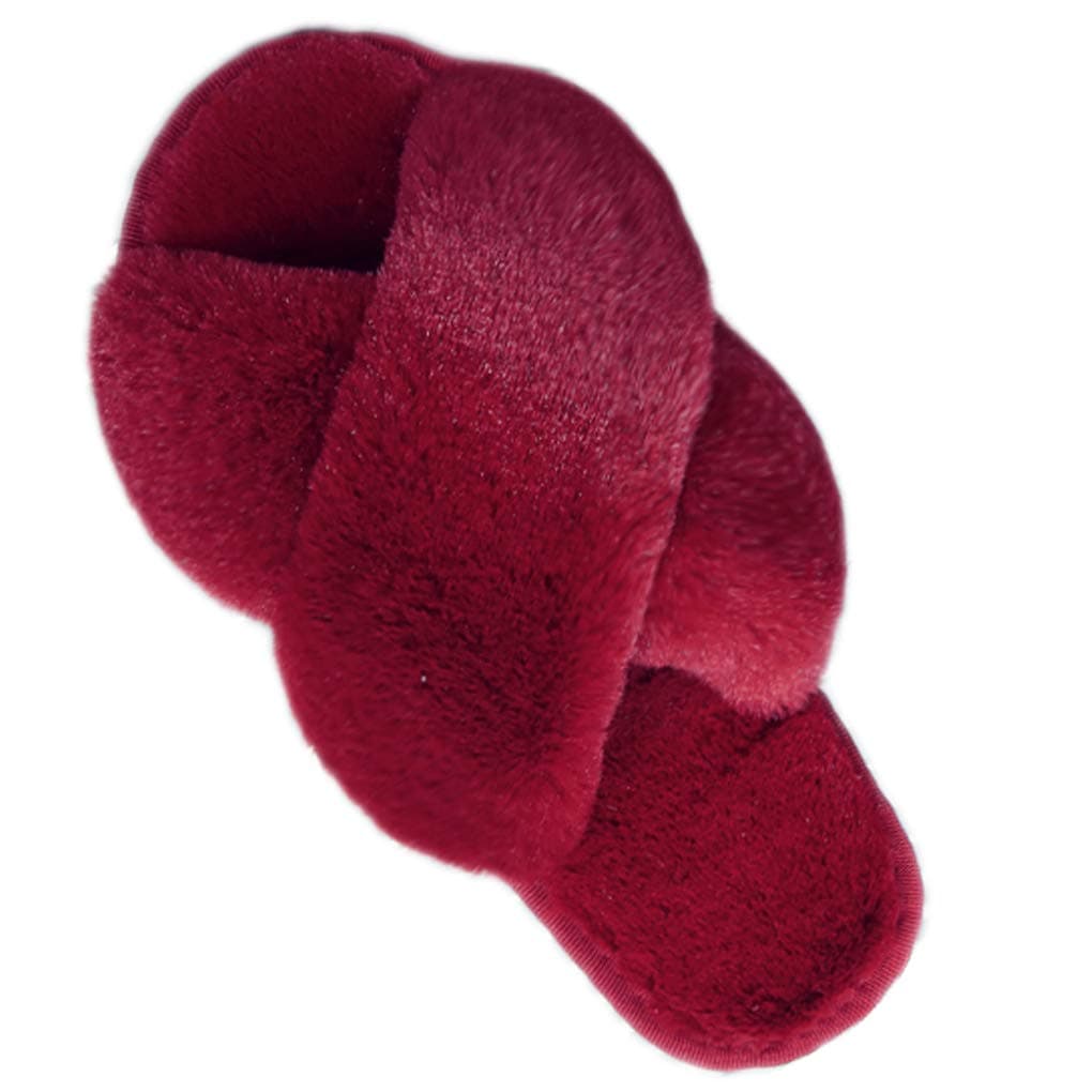 Women’s Cross Band Slippers, Soft Plush Fleece Lightweight Non Slip Open Toe Flip Flop Shoes House Indoor Outdoor Fur Fuzzy Slippers