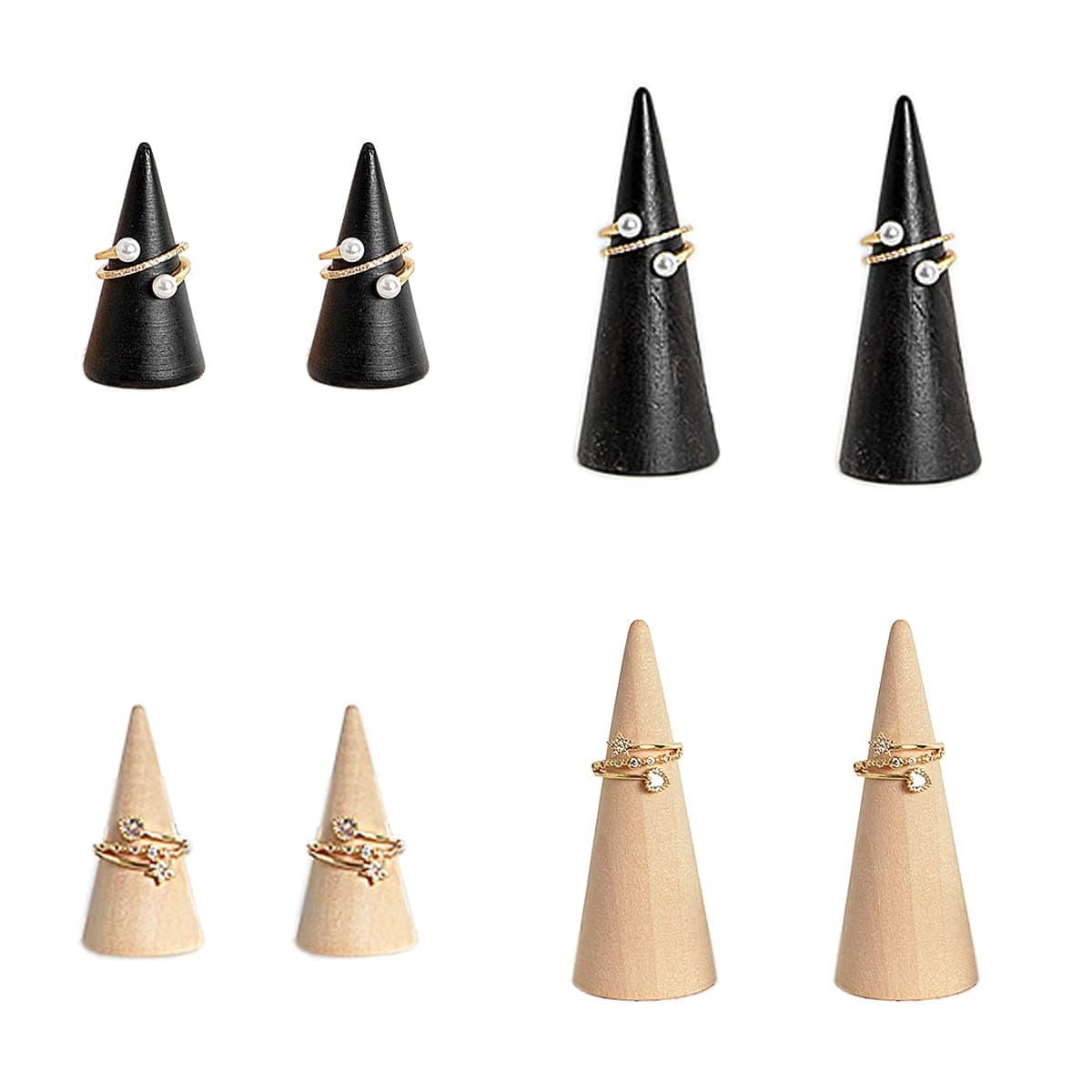 GISELA D Wood Cone Ring Holder Finger Jewelry Display Stand DIY Craft Wooden Cone, Costume Ring Cone, Set of 8 (4 Black+4 Wood)