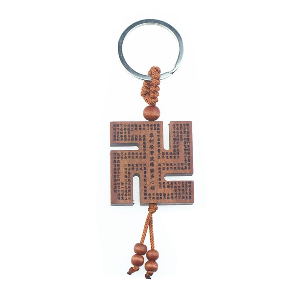 Muzuri Feng Shui Buddhist Auspicious Symbol Swastika Engraved Heart Diamond Sutra Keychain Pendant for Protection and Chance+Handmade Adjustable Luck Red String Bracelet