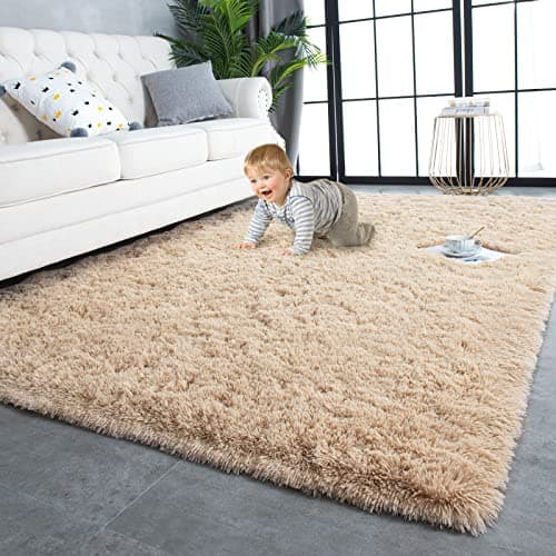 TWINNIS Super Soft Shaggy Rugs Fluffy Carpets 6x9 Feet, Indoor Modern Plush Area Rugs for Living Room Bedroom Kids Room Nursery Home Decor, Upgrade Anti-Skid Rectangular Fuzzy Rug, Light Tan
