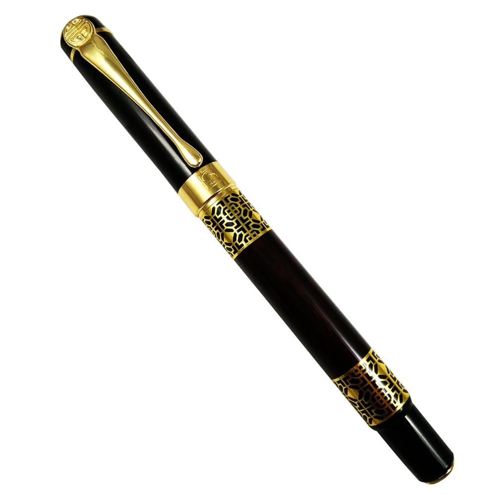 Fountain Pen Smooth Writing Wooden Golden Trim M Nib 18kgp with Fashion Red Gift Box (Dark Red)
