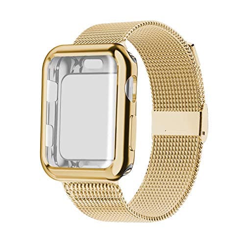 YC YANCH Band Compatible with Apple Watch 38mm 40mm 42mm 44mm with Case, Stainless Steel Mesh Loop Band with Apple Watch Screen Protector Compatible with iWatch Apple Watch Series 1/2/3/4/5/6/SE