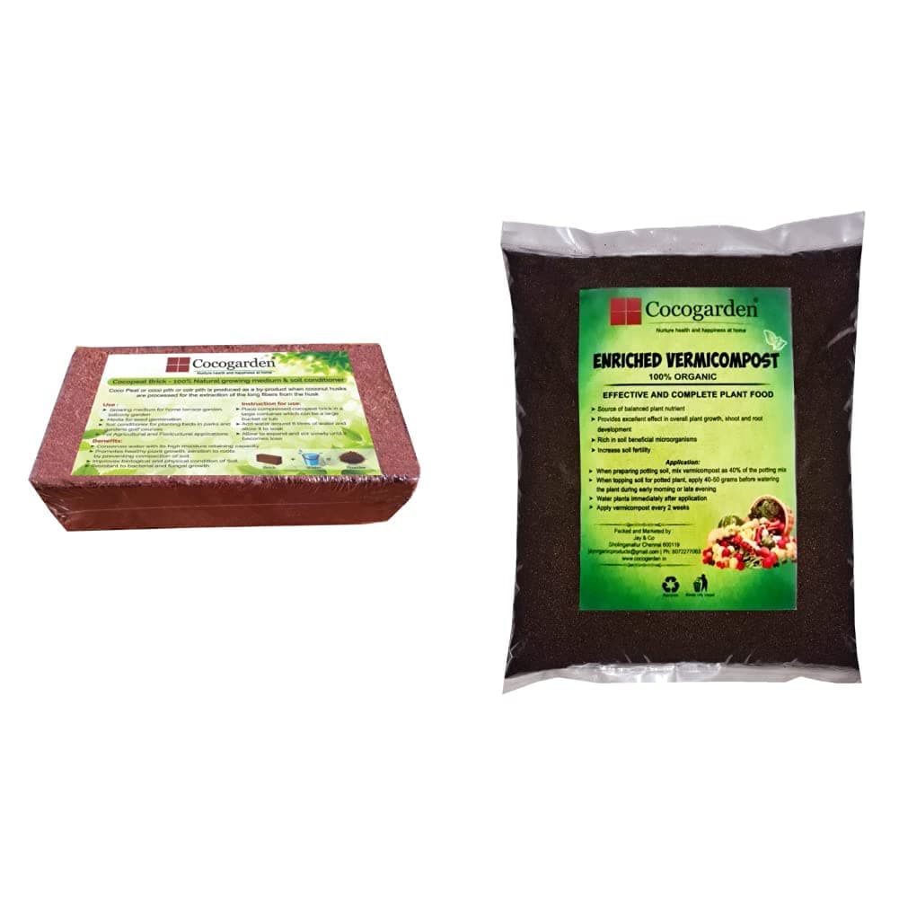 Cocogarden Cocopeat Brick - Expands to 3.5 Kg Powder & Enriched Vermicompost 5 Kg - Effective and Complete Plant Food,Organic