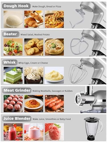 Vospeed 9 IN 1 Stand Mixer, 850W Tilt-Head Multifunctional Electric Mixer with 8 QT Stainless Steel Bowl, 1.5L Glass Jar, Meat Grinder, Hook, Whisk, Beater Dishwasher Safe (Silver)