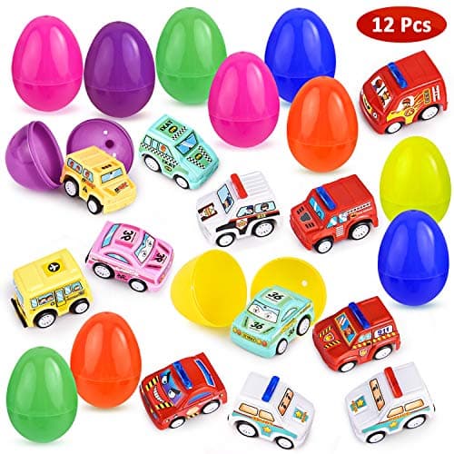 GotechoD Surprise Easter Eggs with Toys Vehicle, 12 Sets Prefilled Plastic Surprise Eggs with Cars Play Vehicles, 2.5/1.86" Toys Filled Easter Eggs for Easter Hunt Party Favor Toddler Boys Girls
