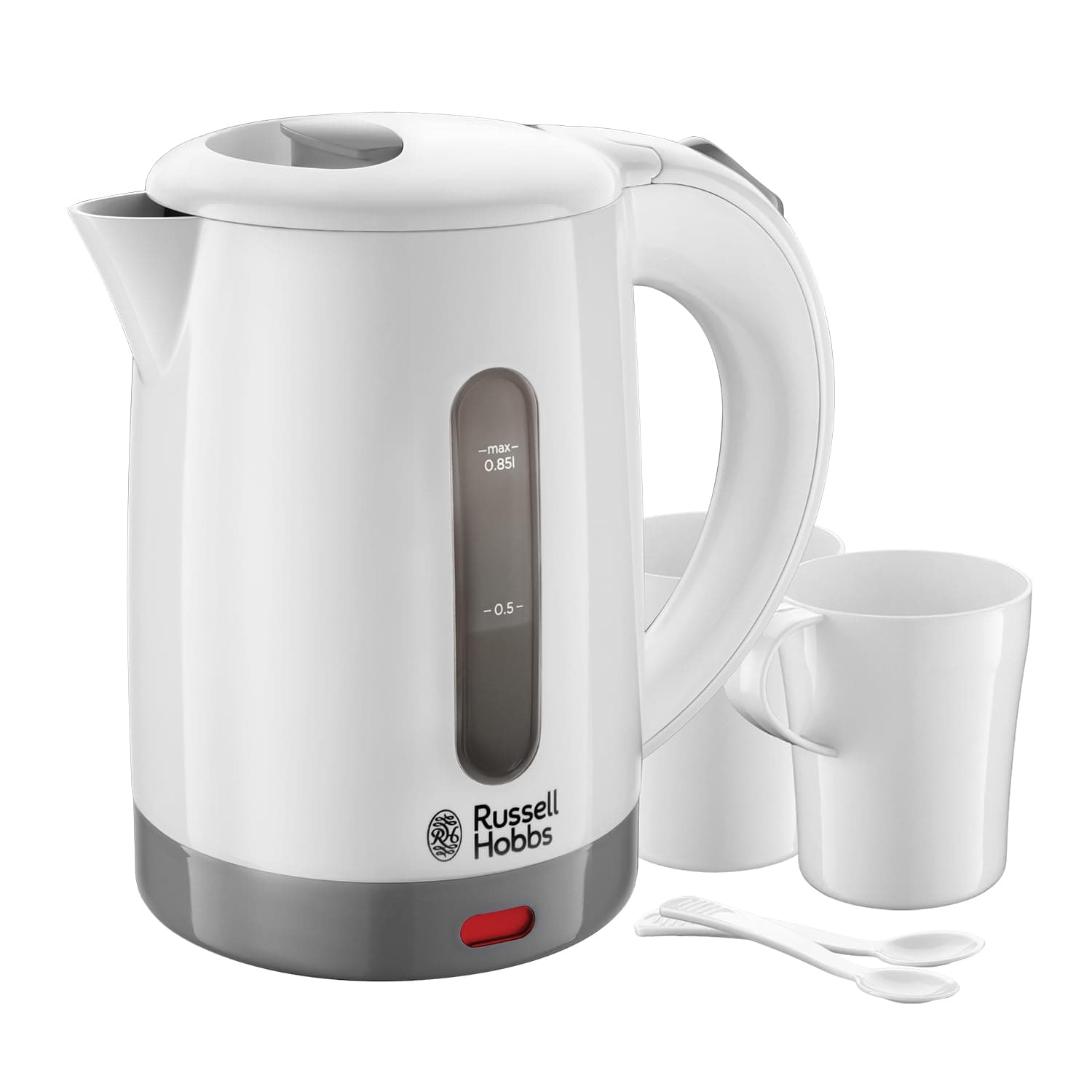 Electric 0.85L Travel Kettle, Small & Compact, Dual voltage, Ideal for abroad/caravan/camping, inc 2 cups & spoons, Removable washable anti-scale filter, water windows, 1000W, 23840