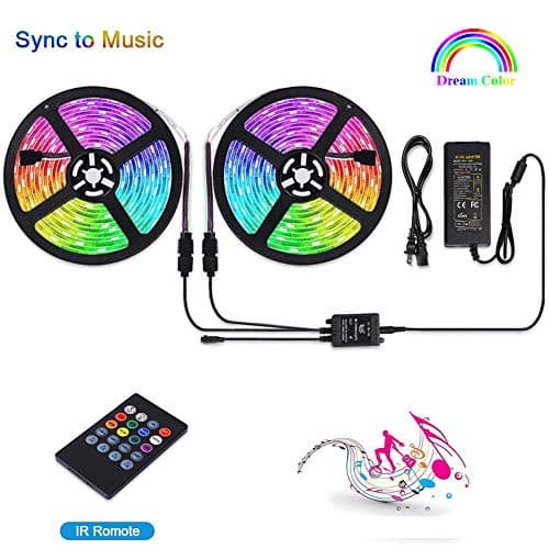 LUNSY RGB LED Light Strips Music Sync, Dimmable Strip Lights with Remote, 32.8 ft/10m, 12V, Waterproof, Rope Lights Outdoor, Sound Activated, 300 LED 5050