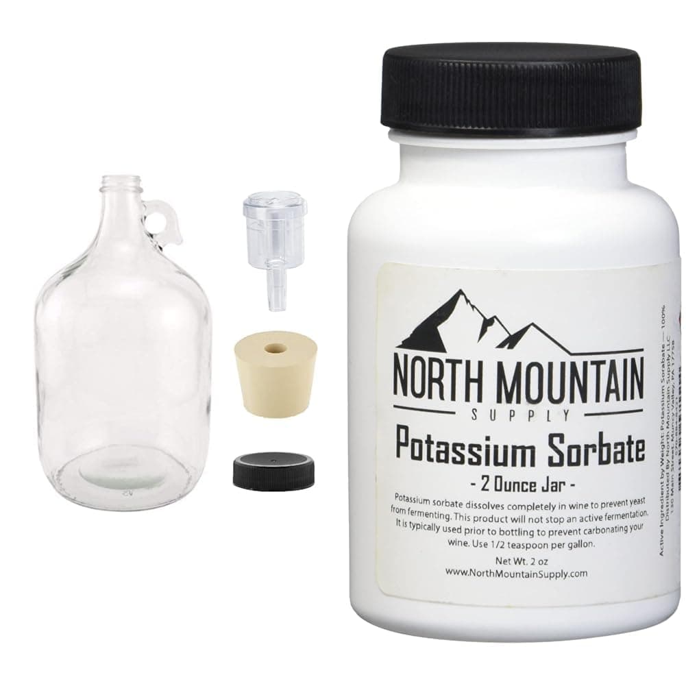 1 Gallon Glass Fermenting Jug with Handle, 6.5 Rubber Stopper, 2-Piece Airlock, Black Plastic Lid - Set of 1 & Food Grade Potassium Sorbate Stabilizer - 2 Ounce Jar
