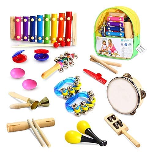 Toddler Musical Instruments,Theefun Wooden Percussion Instruments With Tambourine, Xylophone 12 Types 18pcs , Kids Educational Toys & Learning Musical Set for Boys and Girls with Storage Backpack