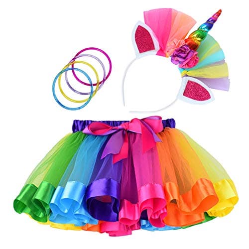 Cocojeci Little Girls Layered Rainbow Tutu Skirts with Wings Unicorn Headband and Bracelets