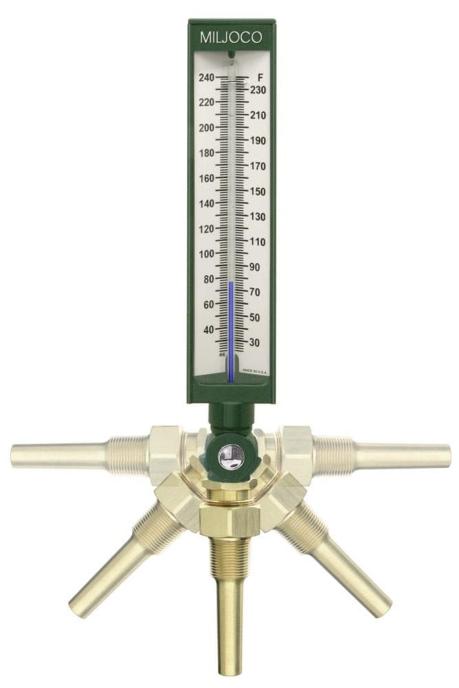SX93550 Industrial Thermometer, Adjustable Angle Fitting, 3-1/2" Aluminum Stem, 30-240 F Range, +/-1 F Accuracy, 1-1/4"-18 UNF NULL Connection