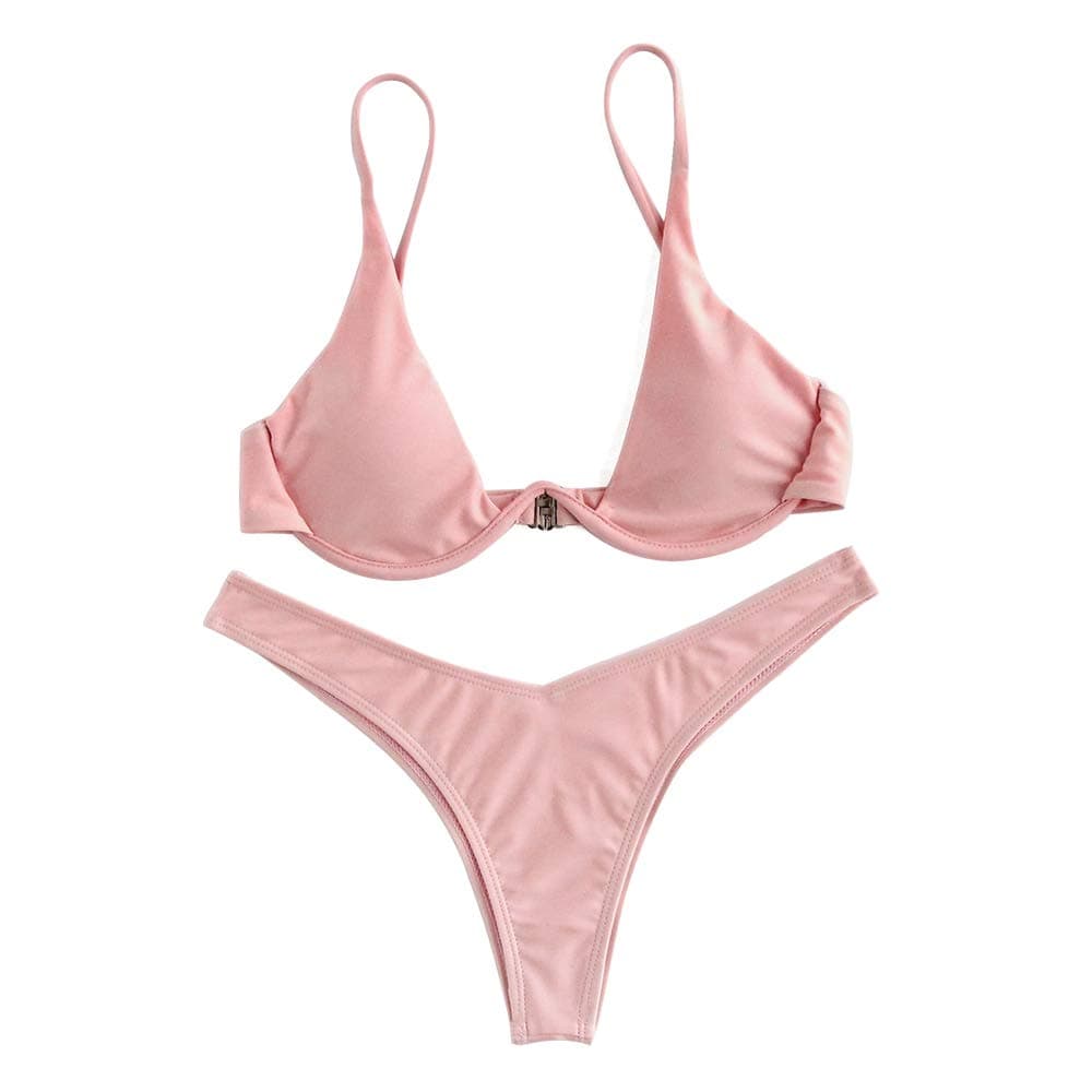 Rehao Women Brazilian Bikini Set Sexy Adjustable Stripe Push Up Top Thong Bottom Two Piece High Waisted Bikini Swimsuit (Pink, S)