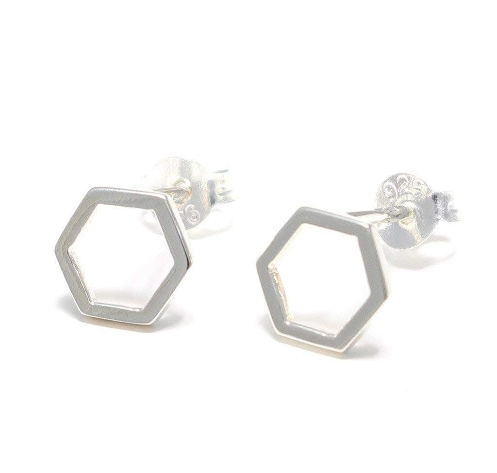 Hexagon silver stud earrings made of 925 sterling silver.