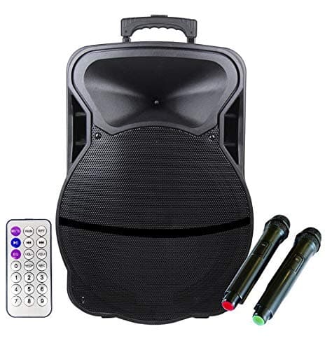 BLOOPPY 15 Inch Karaoke Bluetooth PA System Portable Trolley Speaker with 2 Wireless Mic, Remote Control, FM Radio and AUX/TF/USB