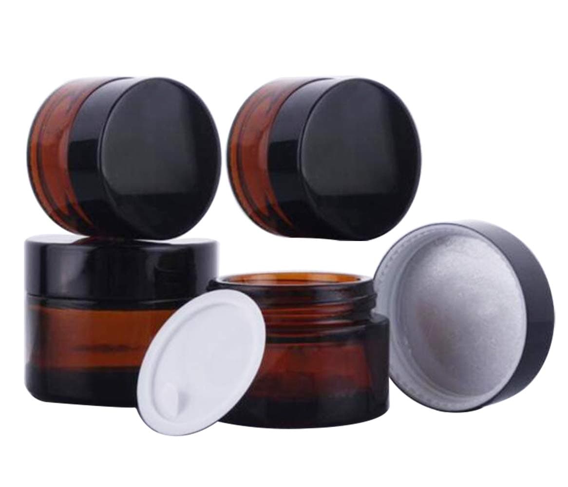 KingYH 4 Pack 20 ml 30 ml Amber Glass Jar Empty Refillable Cosmetic Face Cream Jar Bottle Container Pot with Black Screw Lid and Liners for Storage Homemade Facial Cream Essential Oils Lotion Ointment