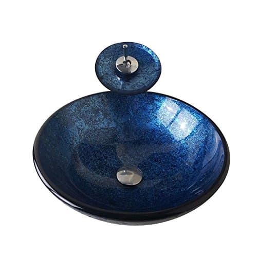 HomeLava Modern Round Tempered Glass Bathroom Sink with Waterfall Faucet Water Drain and Mounting Ring