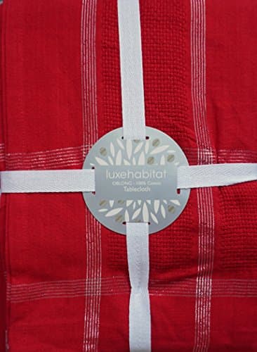 LuxeHabitat Fabric Cotton Holiday Christmas Tablecloth Silver Threading on a Solid Red Background 60 Inches by 90 Inches