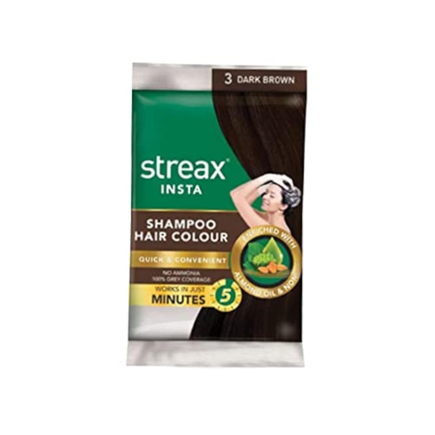 Streax Insta Shampoo Hair Colour Dark Brown 25ml Sachet (5 Pack) | Quick Grey Coverage | Ammonia-Free | Easy Application | Long-Lasting Color | Travel-Friendly Hair Dye Shampoo