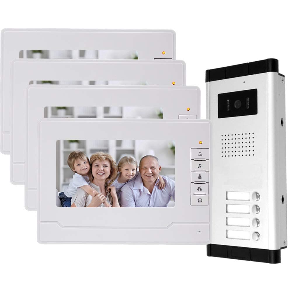 uoweky 7 TFT-LCD Wired Video Intercom with 4 Indoor Monitors Video Intercom + 700TVL High Resolution IR Night Vision Camera for Multiple Apartments/Families