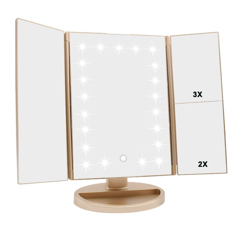Tri-fold Lighted Vanity Makeup Mirror with 3x/2x/1x Magnification, 21Leds Light and Touch Screen,180 Degree Free Rotation Countertop Cosmetic Mirror,Travel Makeup Mirror (Gold) Gold