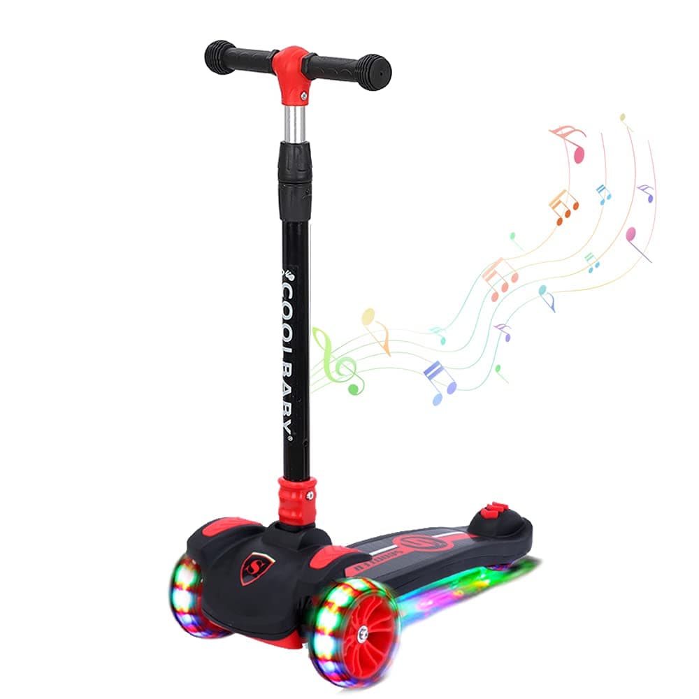 COOLBABY Kid's Scooter 3 Wheels Big Pedal Foldable Kick Scooter With Music, Height Adjustable With Led Light Wheels, Black